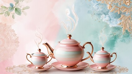 Elegant tea set on a decorative background with pastel colors, copy space
