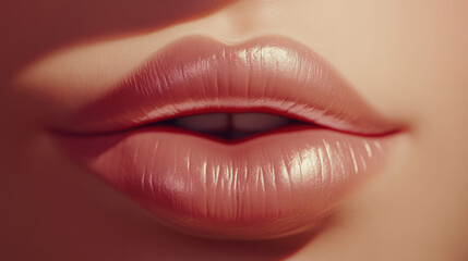 Obraz premium Close-up of glossy lips with shimmering lipstick, focus on sensual beauty and romance for Kiss Day celebration, perfect detail for romantic moments, glossy makeup, and beauty concepts