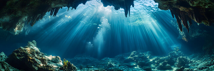 Obraz premium underwater cave with light rays, showcasing breathtaking marine landscapes, ideal for diving enthusiasts, photographers, and nature explorers seeking unique aquatic beauty