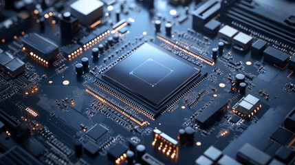 Fototapeta premium The motherboard pictured is called Brain Technology RAM Gaming. It uses a special chipset and can work with powerful 12th generation processors.
