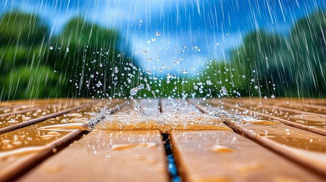 Rain Drops Splashing on Wooden Deck with Blurred Background