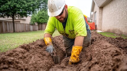 Construction worker wearing safety gear like hard hat and boots excavating soil with a shovel in a grassy yard or outdoor area as part of landscaping gardening or groundskeeping work