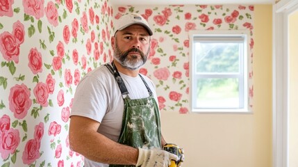 Portrait of an experienced male handyman or repairman with a beard wearing an apron standing in a decorated room ready to provide home improvement repair or maintenance services
