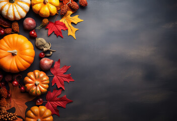 Happy Thanksgiving greeting text with colorful pumpkins, squash and leaves over dark background