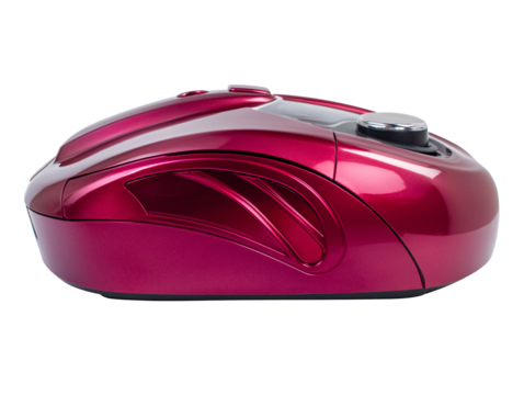 a red computer mouse with a button