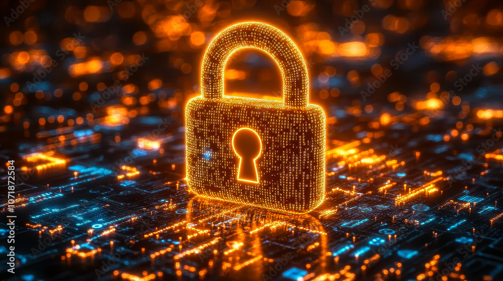 Poster yellow digital padlock with glowing binary code for ai encryption and cybersecurity