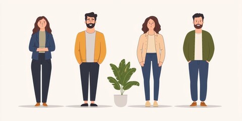 Obraz premium Four diverse individuals standing beside a potted plant in a minimalist setting.