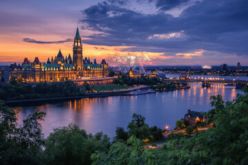 Obraz premium Nighttime View of Parliament with Fireworks Display