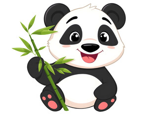 Naklejka premium A cute baby panda holding a bamboo stick, smiling happily