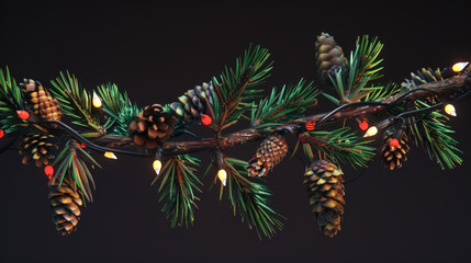 Naklejka premium christmas tree branches with lights and cones
