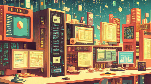 This illustration shows the world of computer programming, where people create software and games. It includes coding symbols, popular languages like Java and HTML, and windows where programmers work.