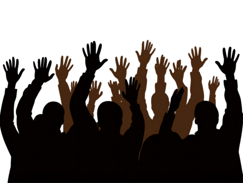 a group of people raising their hands