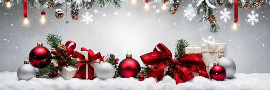 Magical Merry Christmas and Happy New Year Holiday Banner with Festive Red Baubles, Snowfall, and Twinkling Golden Lights for Holiday Season Greetings