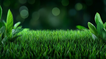 Fototapeta premium Lush Green Grass with Leaves and Bokeh Background Nature Texture