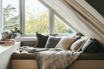 Cozy window seat with cushions and garden view