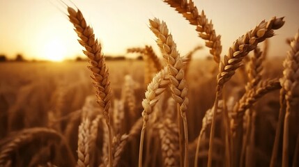 Obraz premium A serene golden grain field bathed in the warm glow of sunset, with tall ripe stalks swaying gently in the breeze, signaling the readiness for harvest and the beauty of rural agricultural life