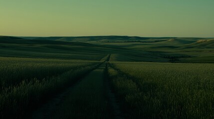 Naklejka premium A tranquil sunset casts a warm, golden glow over a vast green field, with a footpath leading into the distance, symbolizing a peaceful journey through nature’s beauty and serenity in the countryside