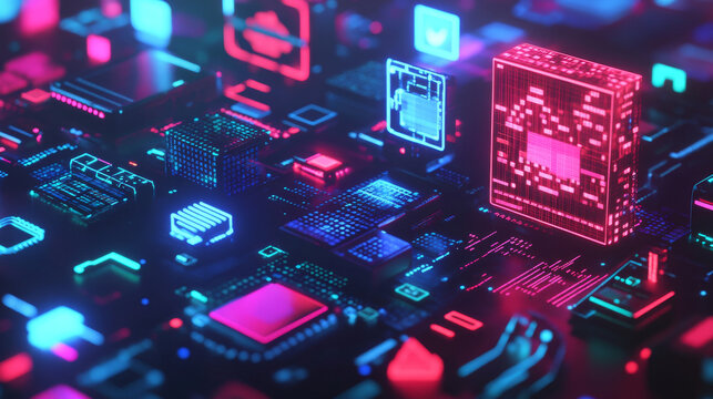 This image shows the idea of creating software or games using computer programming. It uses 3D symbols and windows that represent code. It's about the world of technology and computer science.