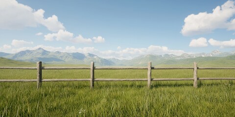 Fototapeta premium Wide open landscape with a wooden fence, bright green grass, and distant mountains.