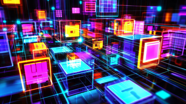 This image shows the idea of creating software or games using computer programming. It uses 3D symbols and windows that represent code. It's about the world of technology and computer science.