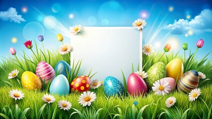 Colorful Easter card design with eggs in a flower-filled field and space for personalized messages