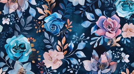 Elegant Blue Watercolor Background with Plants and Flowers - a serene and artistic visual. The blue watercolor design evokes a calm and natural scene