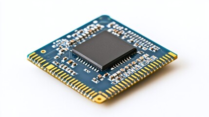 A close-up of a microchip on a blue circuit board, used in electronic devices.