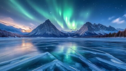 Northern Lights Reflecting on Frozen Lake with Mountains