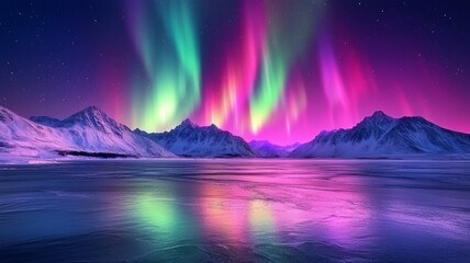 Fototapeta premium Northern Lights Reflecting on Frozen Lake with Mountain Range