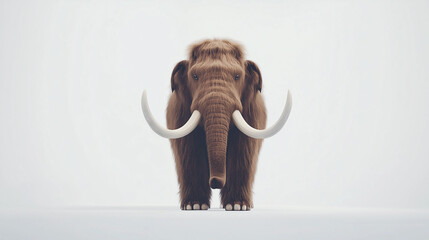 Obraz premium Cute cartoon woolly mammoth with large tusks, standing on a white background. Simple, playful illustration with a friendly expression.