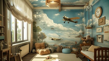 AI generated image. A decorative, colorful baby room with a modern pattern and special wall decor