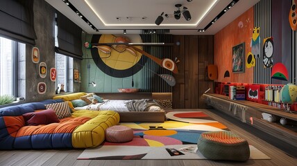 AI generated image. A decorative, colorful baby room with a modern pattern and special wall decor