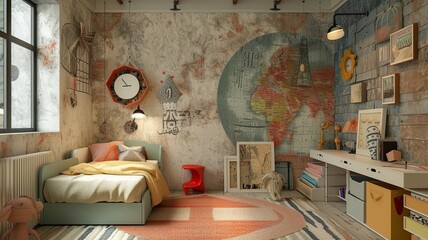 AI generated image. A decorative, colorful baby room with a modern pattern and special wall decor