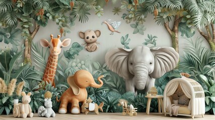 AI generated image. A decorative, colorful baby room with a modern pattern and special wall decor