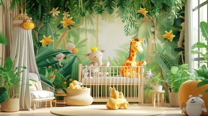 AI generated image. A decorative, colorful baby room with a modern pattern and special wall decor