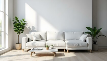 A modern white leather sectional sofa in a minimalist living room with a potted plant and hardwood floors