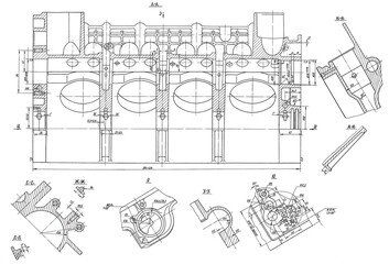 Cylinder block of engine of cargo vehicle.
Engineering mechanical drawing of automotive
device. Industrial cad scheme on white paper sheet. 
Technology design of machine building industry. 