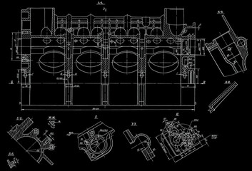 Fototapeta premium Cylinder block of engine of cargo vehicle. Engineering mechanical drawing of automotive device. Industrial cad scheme on paper sheet. Technology design of machine building industry. Machined template