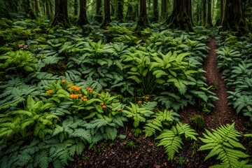 A mix of wildflowers in various colors on a forest floor with large ferns and plants, Ai generated