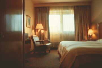 Fototapeta premium Bright blurred hotel room background with cozy ambiance and warm decor