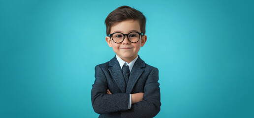 Small schoolboy with glasses and business suit, arms crossed, confident pose. Studio photo illustrating kids future profession concept. Generative AI