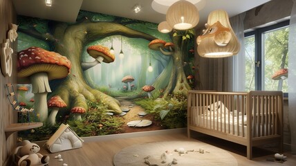 AI generated image. A decorative, colorful baby room with a modern pattern and special wall decor