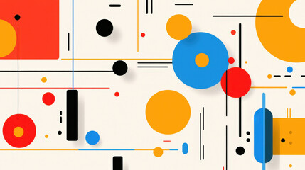 Colorful abstract geometric shapes on light background create vibrant digital design. composition features circles, lines, and rectangles in various colors