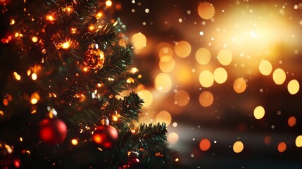 Closeup of Christmas tree adorned with twinkling lights, red ornaments, green pine needles, capturing festive holiday spirit.