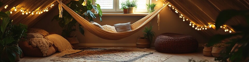 Cozy indoor hammock with pillows and warm lights