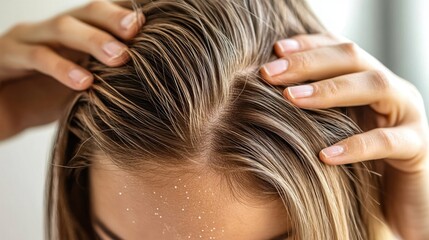 Naklejka premium Close-Up of a Young Woman's Hands Massaging Her Scalp While Applying Hair Care Products for Healthy and Shiny Hair in Natural Light Setting