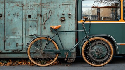 A vintage green bicycle parked next to a weathered green bus.