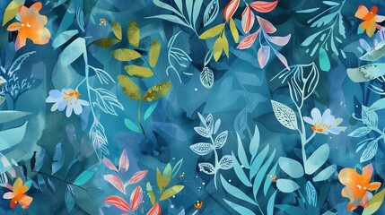 Fototapeta premium Elegant Blue Watercolor Background with Plants and Flowers - a serene and artistic visual. The blue watercolor design evokes a calm and natural scene