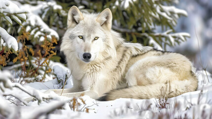Obraz premium A wolf resting under snow-covered pine trees