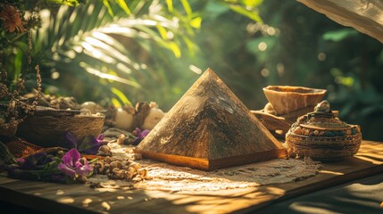 A Tranquil Setup Featuring a Wooden Pyramid and Natural Elements in a Lush Green Environment with Soft Lighting and Decorative Bowls